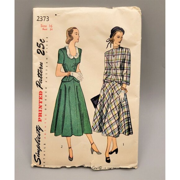 Uncut Simplicity 1940's Suit Dress Detachable Collar Sew Pattern 2373 Size 16 - Picture 1 of 3